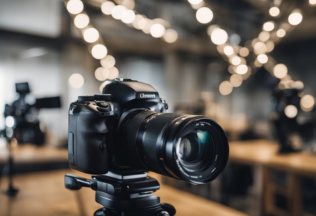 A photographer's basic equipment in Montevideo: camera, lenses, tripod, and lighting gear set up in a studio or outdoor location