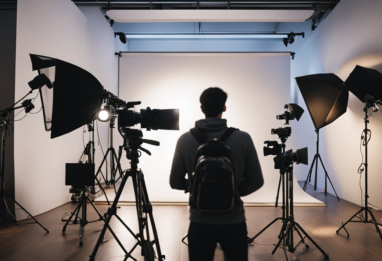 A photographer's studio with camera equipment, lights, and backdrop. The photographer is answering questions from clients