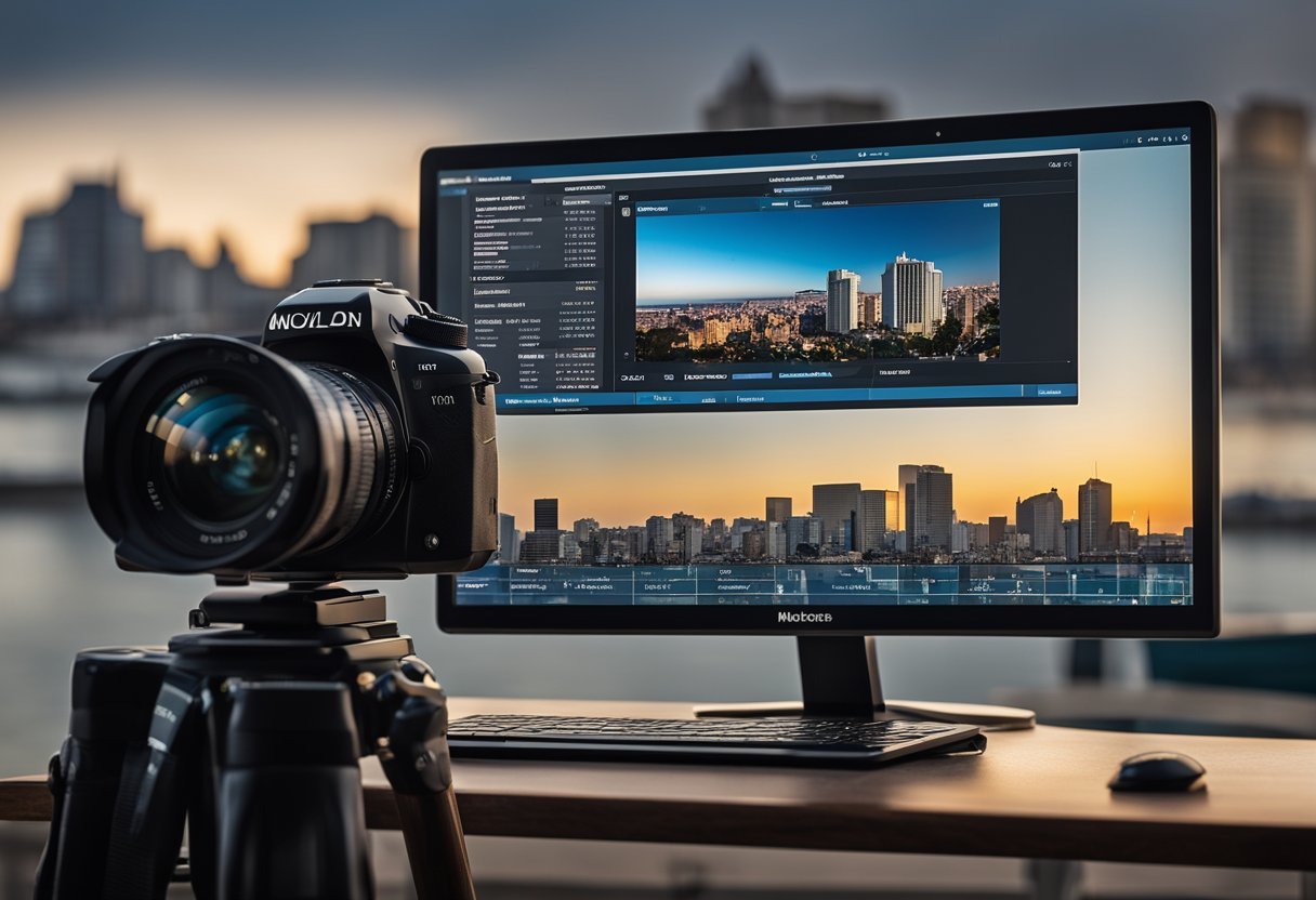 A camera capturing the modern skyline of Montevideo, with digital editing software displayed on a computer screen