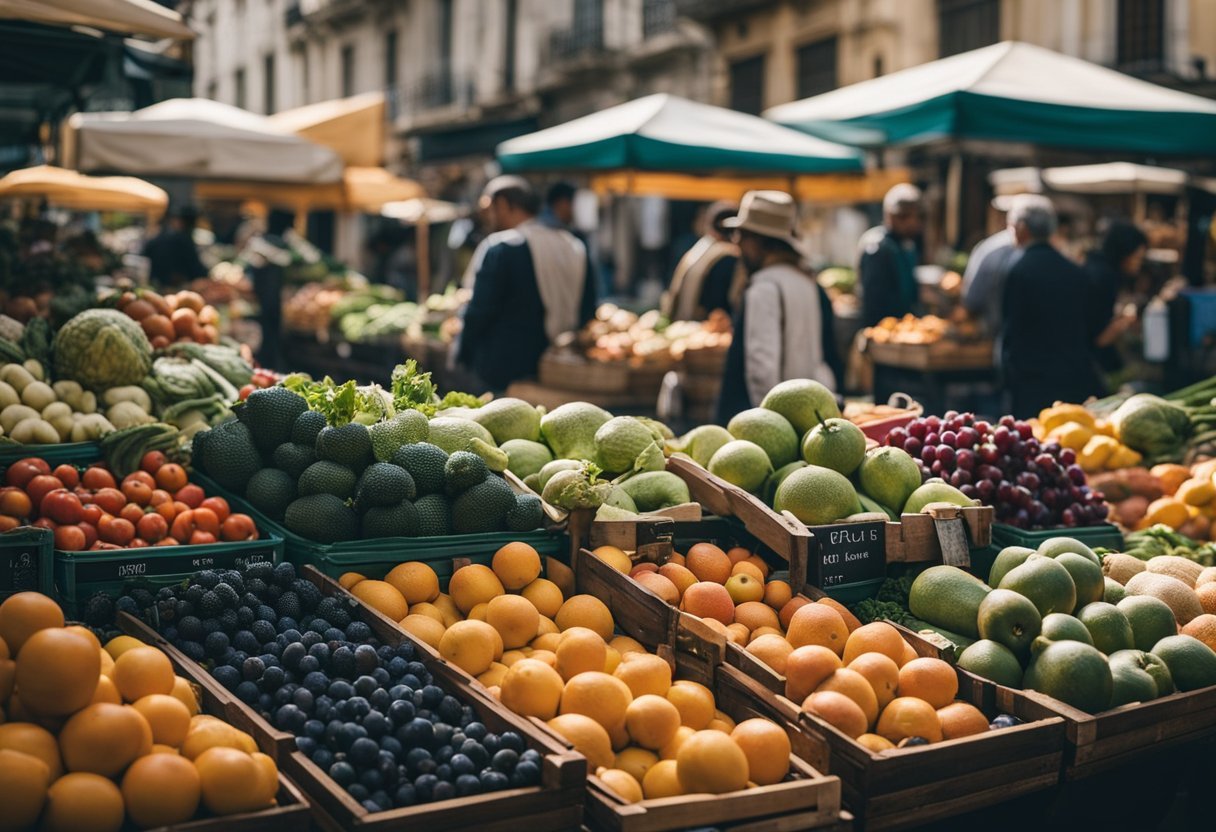 A bustling street market in Montevideo, with colorful fruits and vegetables on display, and a photographer capturing the vibrant scene