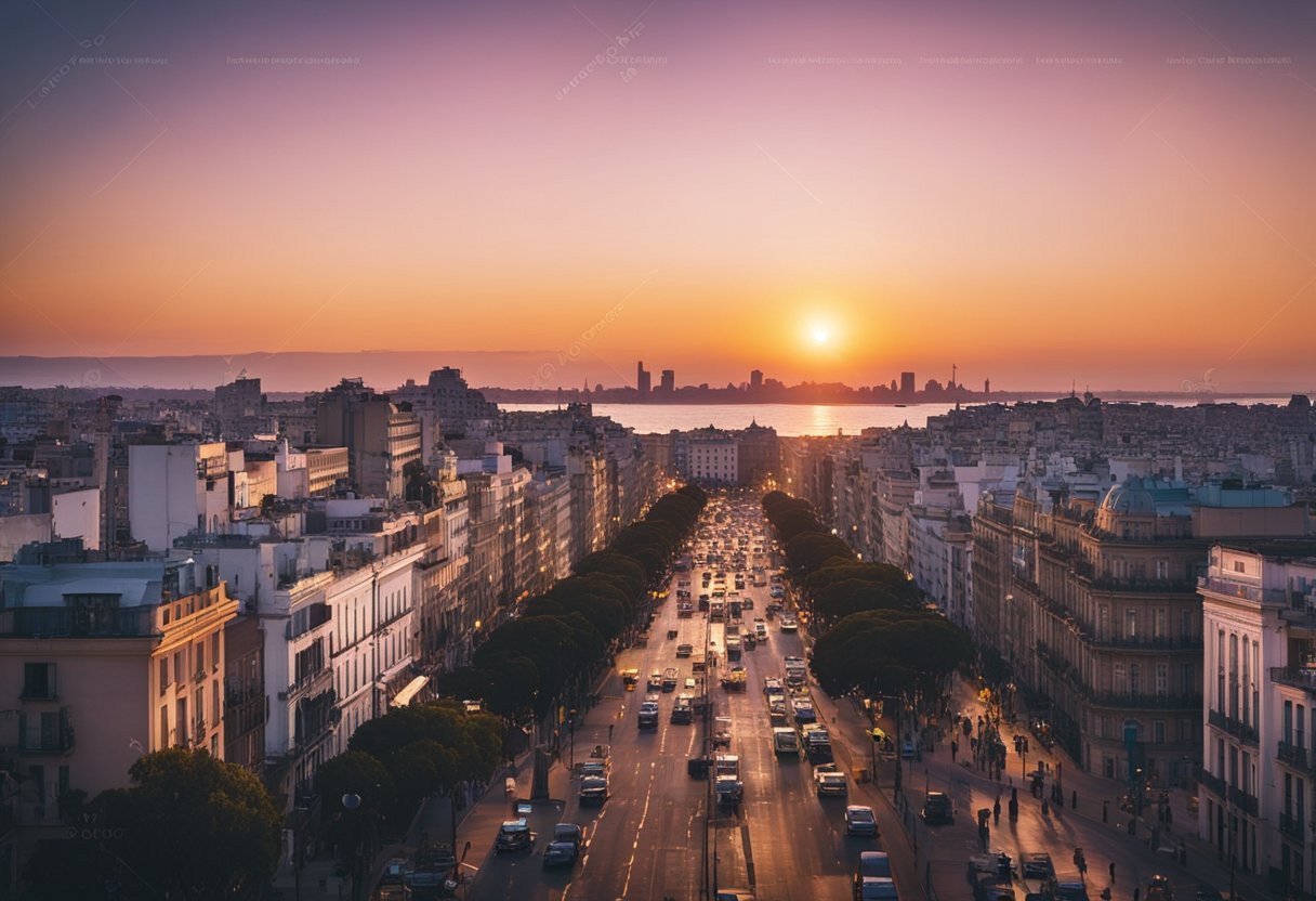 A colorful sunset over the Rambla of Montevideo, with the iconic silhouette of La Rambla and the city skyline in the background