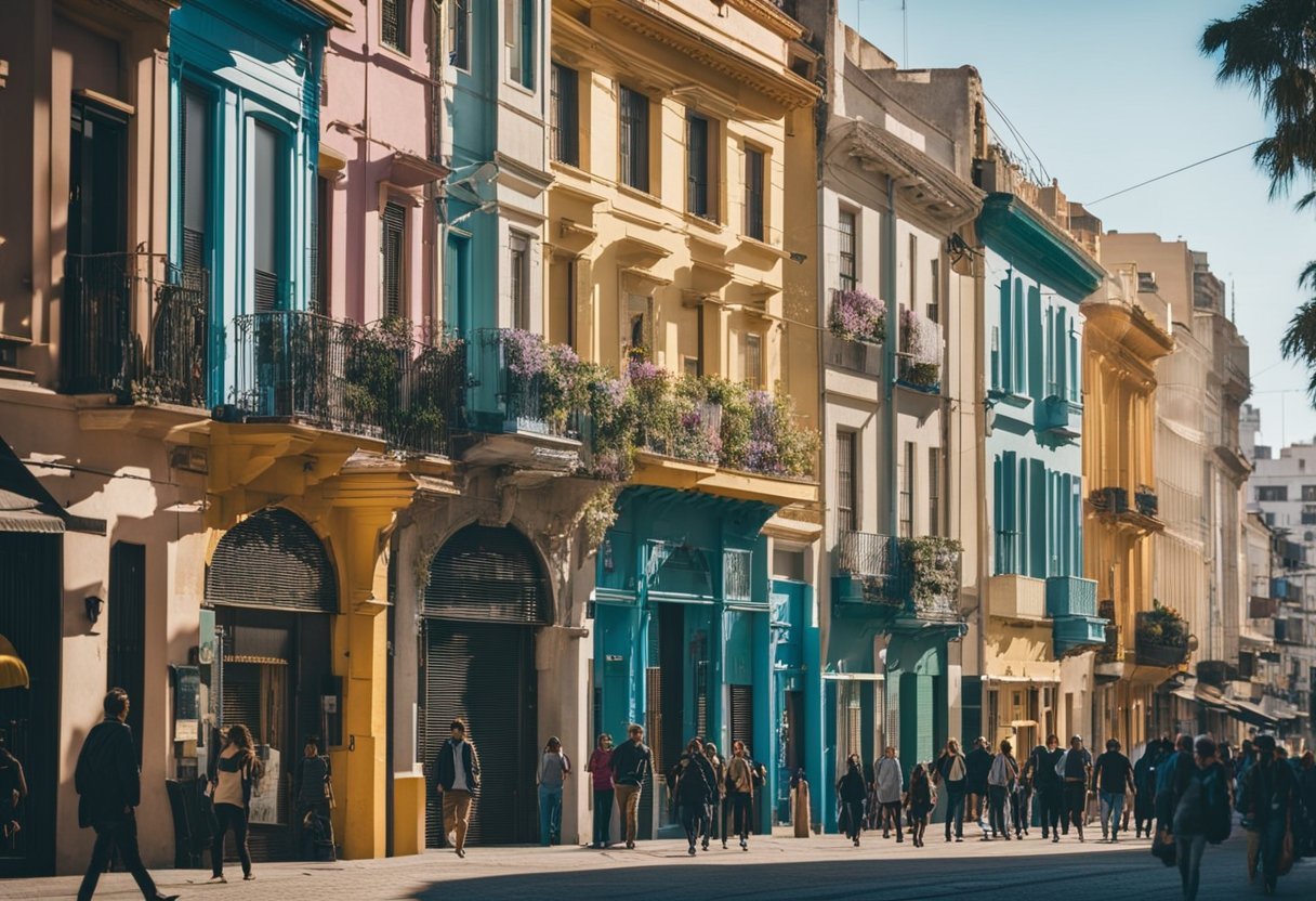 A bustling street in Montevideo, with colorful buildings and people going about their daily activities. The photographer is capturing the vibrant energy of the city