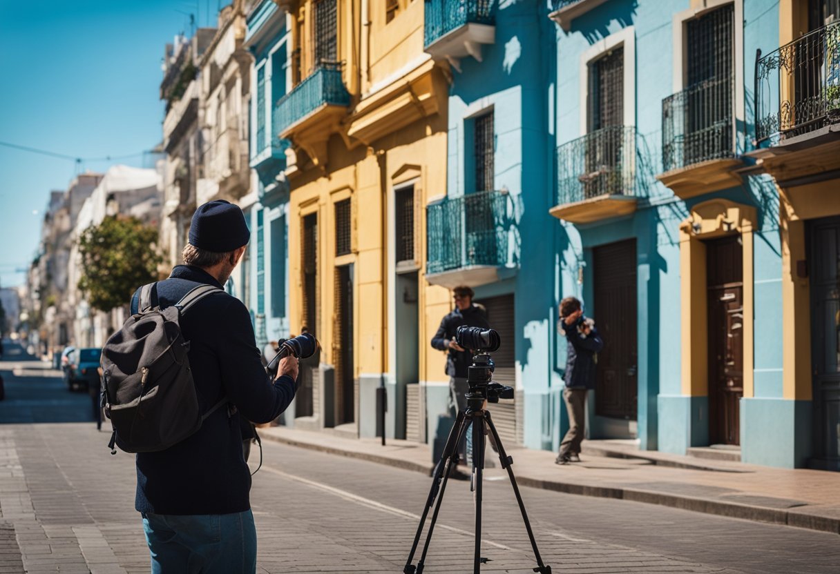 A photographer sets up their camera on a picturesque street in Montevideo, capturing the vibrant colors and unique architecture of the city