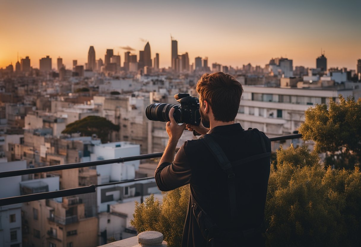 A photographer in Montevideo capturing the city skyline at sunset from a rooftop terrace