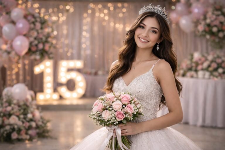 Fotografía y video para cumpleaños de 15: cómo registrar un momento único en 2026 5 Quinceañera con vestido y flores.