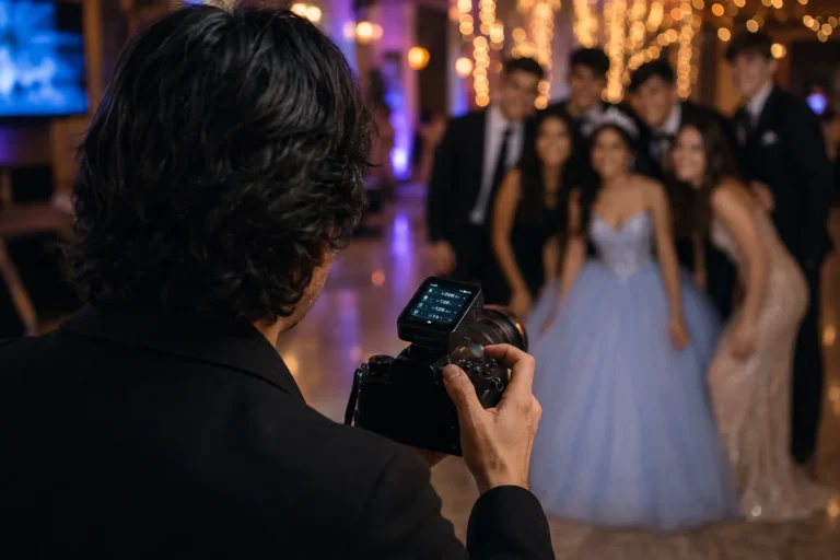 Fotógrafo para Fiestas: Precios, Qué Incluye el Servicio y Cómo Elegir al Profesional Ideal 5 Pablo Pena Fotógrafo profesional fotografiando una fiesta de 15 con un grupo de invitados posando durante la celebración en un salón de eventos.
