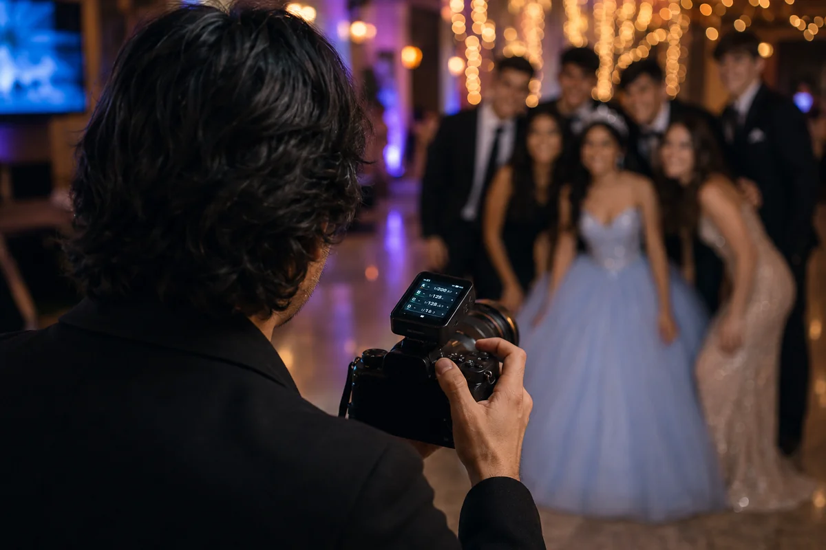 Fotógrafo para Fiestas: Precios, Qué Incluye el Servicio y Cómo Elegir al Profesional Ideal 1 Pablo Pena Fotógrafo profesional fotografiando una fiesta de 15 con un grupo de invitados posando durante la celebración en un salón de eventos.