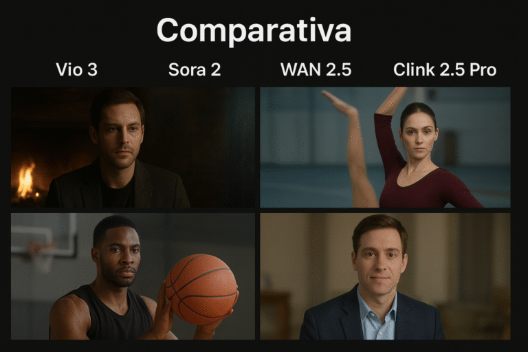 Comparativa visual de los generadores de video con inteligencia artificial VEO 3, Sora 2, WAN 2.5 y Clink 2.5 Pro, mostrando diferencias de iluminación, realismo y estilo en escenas creadas con IA.