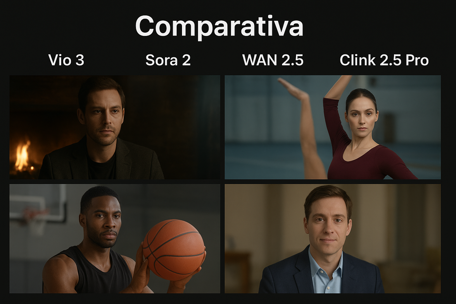 Comparativa visual de los generadores de video con inteligencia artificial VEO 3, Sora 2, WAN 2.5 y Clink 2.5 Pro, mostrando diferencias de iluminación, realismo y estilo en escenas creadas con IA.