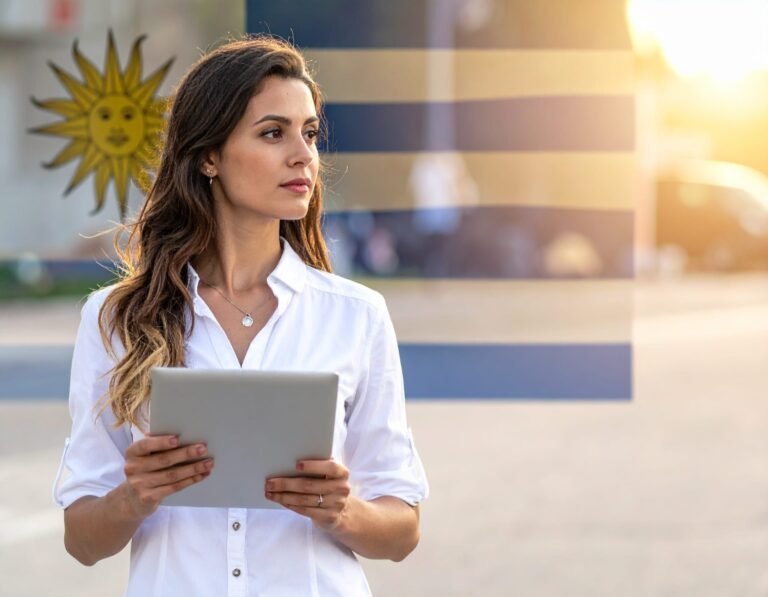 Mujer Uruguaya con una tablet en la mano con plataforma digital en Uruguay
