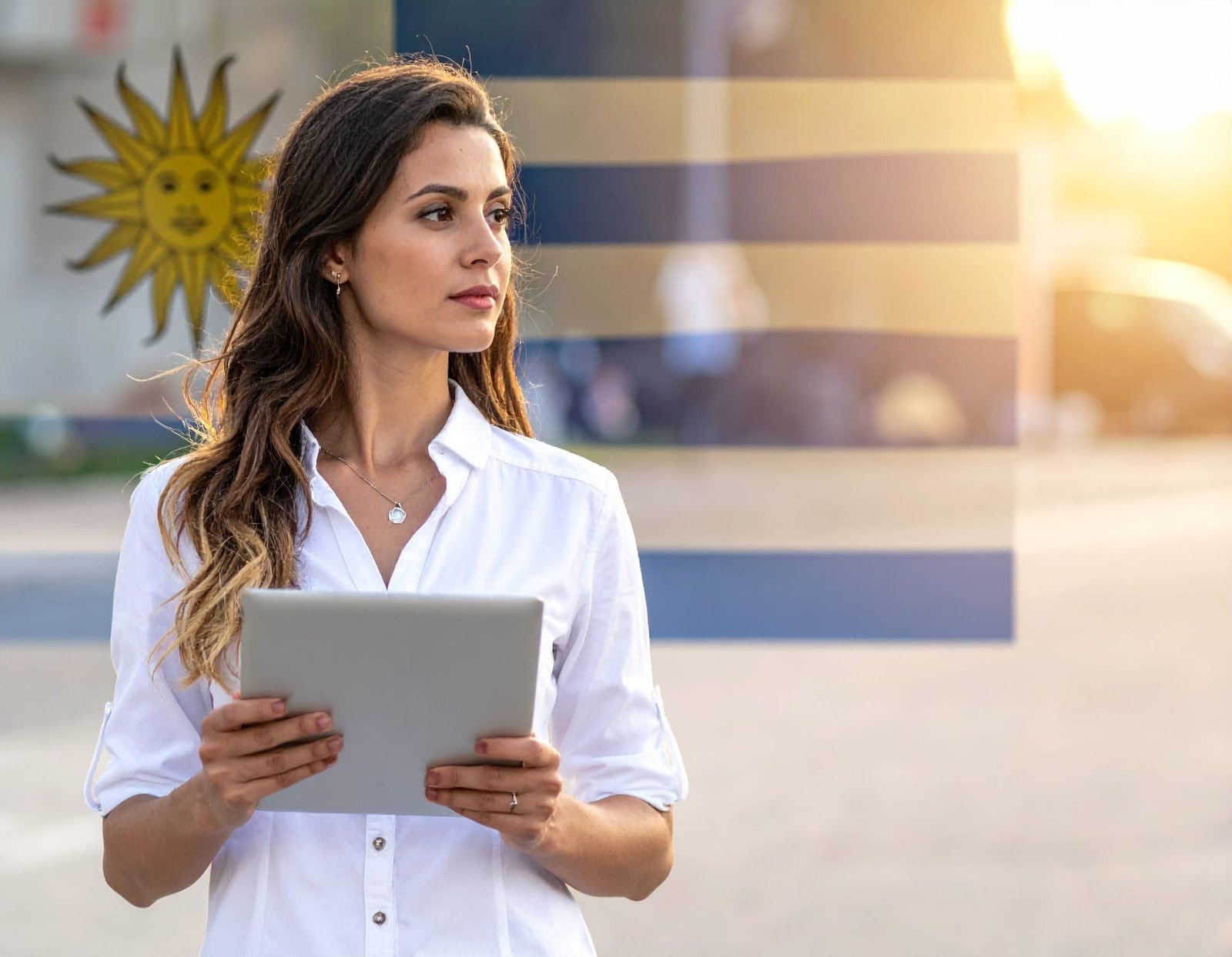 Mujer Uruguaya con una tablet en la mano con plataforma digital en Uruguay