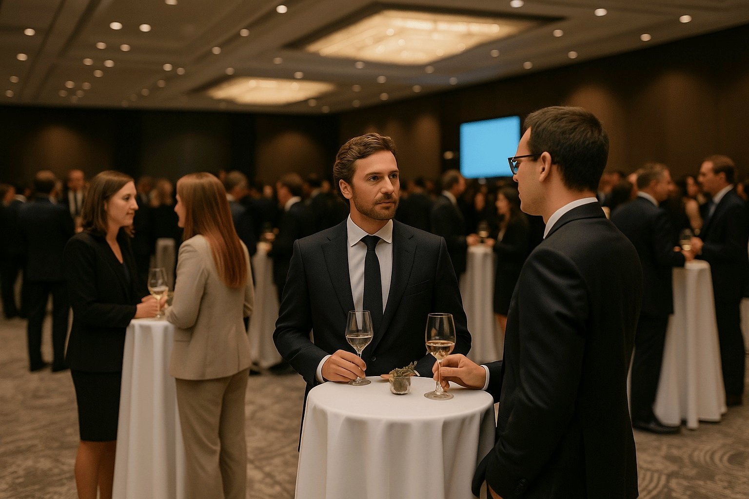 Evento de networking vip elegante en un salón moderno, con profesionales conversando de pie alrededor de mesas altas con copas en la mano, iluminación cálida y ambiente sofisticado