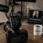 Fotógrafo profesional editando fotografías en un estudio mientras trabaja en estrategias de comunicación y relaciones públicas digitales en Uruguay.