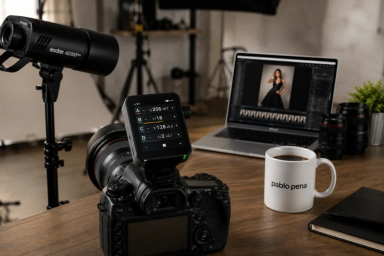 Fotógrafo profesional editando fotografías en un estudio mientras trabaja en estrategias de comunicación y relaciones públicas digitales en Uruguay.