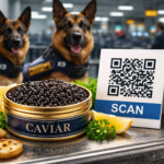 Codigo QR, lata con caviar y perros policías de aduana en areopuerto