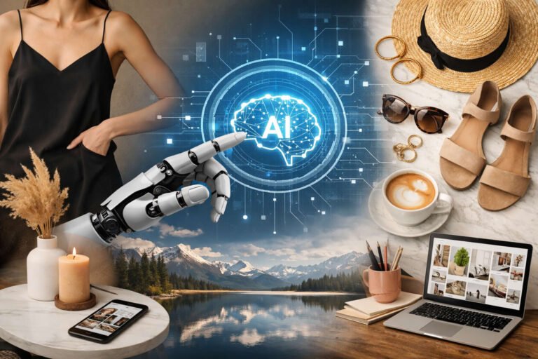 Ilustración conceptual de la inteligencia artificial integrada en Pinterest, combinando tecnología digital, moda, diseño visual e inspiración creativa en un entorno moderno.