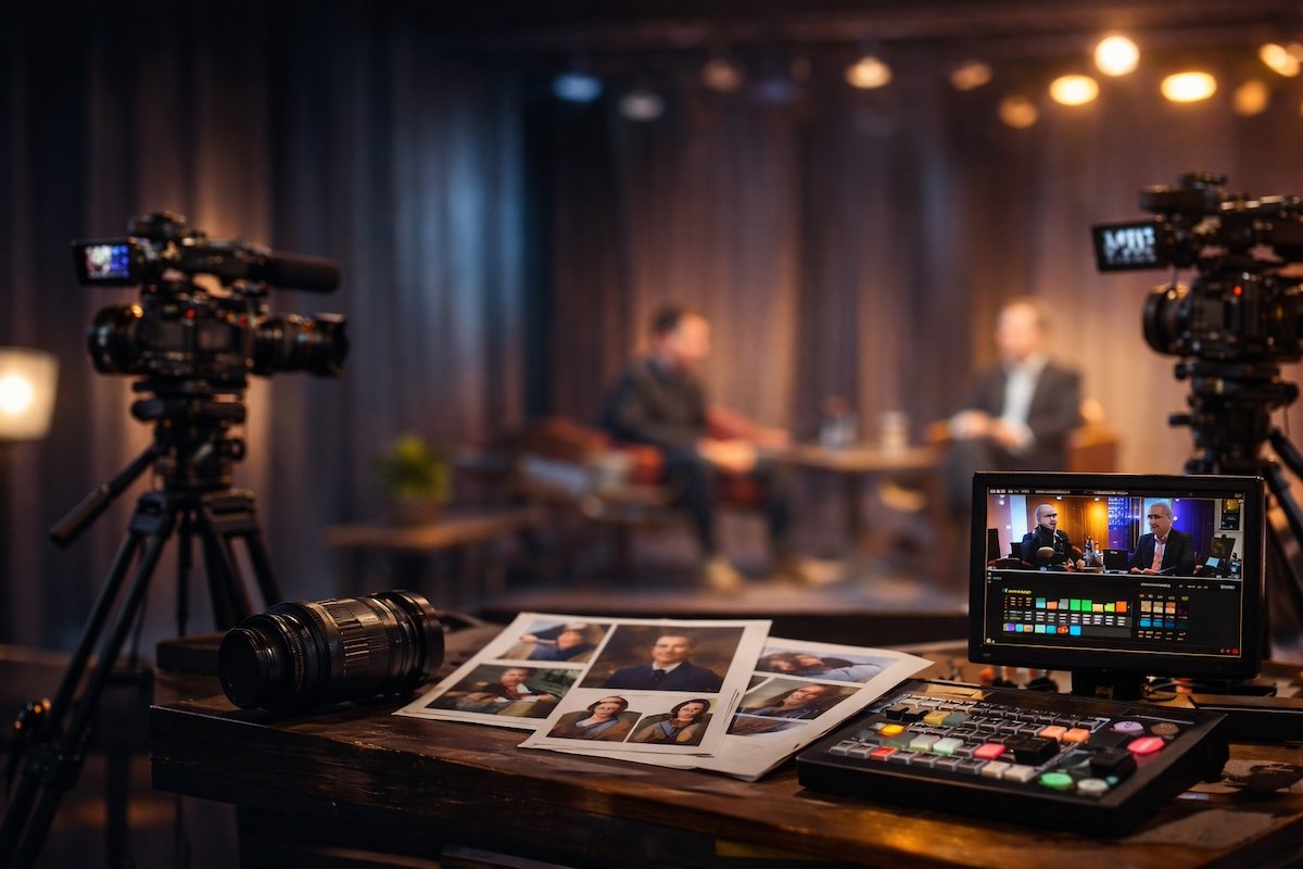 Estudio de grabación multicámara moderno con cámaras, monitores y equipo audiovisual profesional