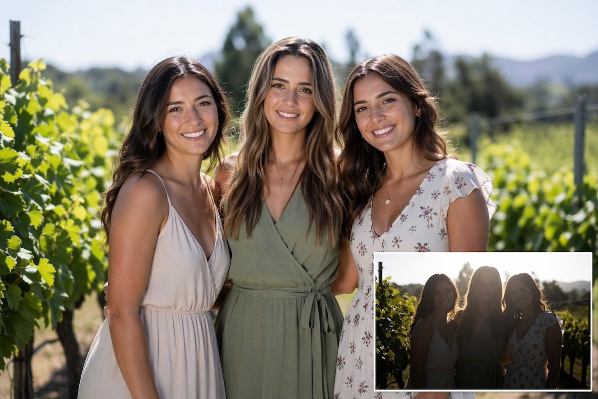 Tres mujeres sonriendo en viñedo.