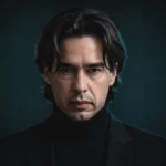 Retrato cinematográfico profesional de Pablo Pena con iluminación dramática en tonos oscuros y azules. Fotografía editorial seria y elegante, con fondo desenfocado oscuro, look cinematográfico, expresión intensa y estética premium para portada de entrevista o artículo profesional.