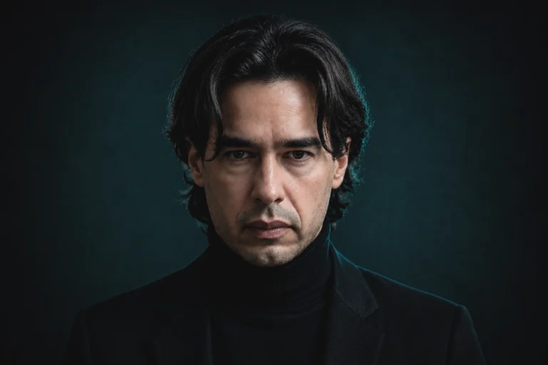 Cómo ser fotógrafo en Uruguay: guía real basada en más de 25 años de experiencia 1 Retrato cinematográfico profesional de Pablo Pena con iluminación dramática en tonos oscuros y azules. Fotografía editorial seria y elegante, con fondo desenfocado oscuro, look cinematográfico, expresión intensa y estética premium para portada de entrevista o artículo profesional.