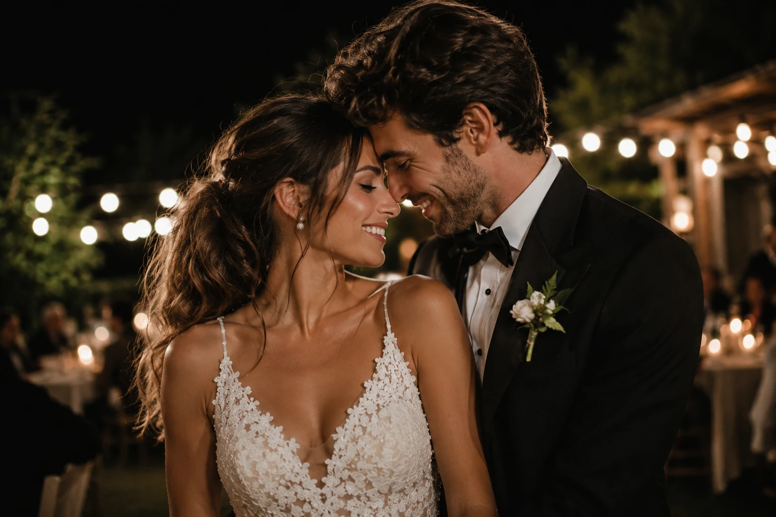 Boda nocturna en chacra con iluminación cálida y estilo cinematográfico by Pablo Pena
