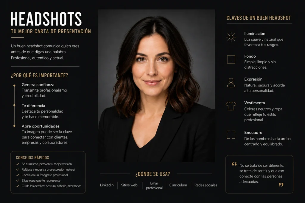 Qué son los headshots y por qué son importantes para actores y actrices 2 Infografía minimalista sobre headshots profesionales con fondo negro, retrato corporativo moderno y consejos clave para una fotografía profesional de perfil