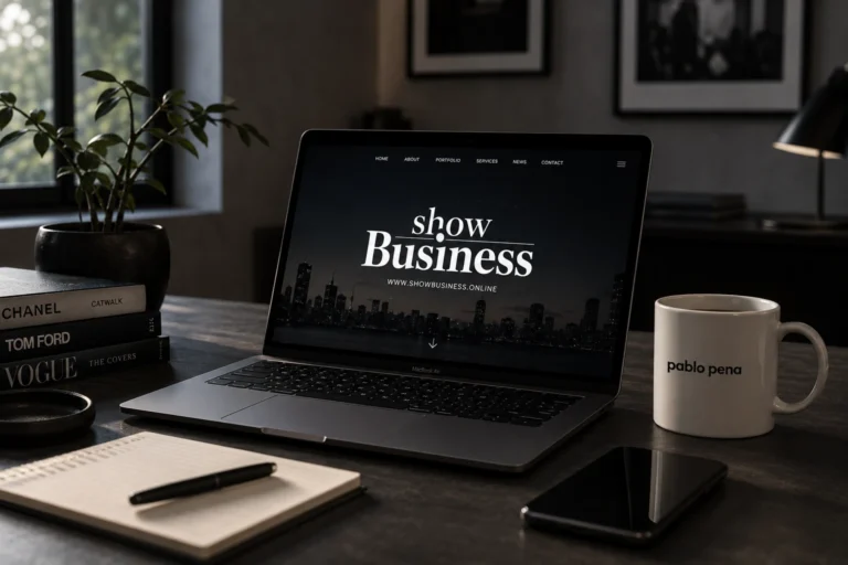 Publisher digital vs influencer: construir audiencia más allá de las redes 2 Publisher digital con una MacBook Air con el portal Show Business y una taza con logo del fotógrafo Pablo Pena