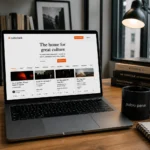MacBook Air con Substack y una taza negra con logo pablo pena
