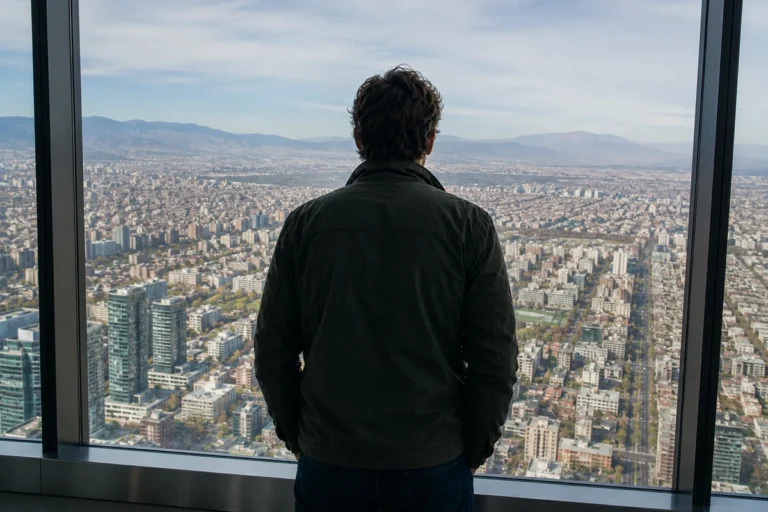Hoy es más fácil que nunca parecer experto y más difícil que nunca serlo 2 Hombre observando la ciudad desde un mirador panorámico, reflexionando sobre experiencia, reputación y el mundo digital.