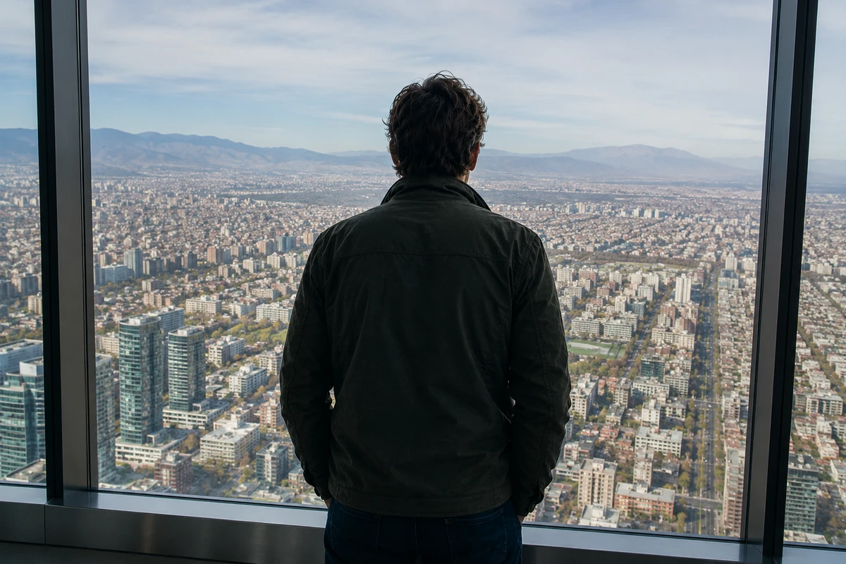 Hombre observando la ciudad desde un mirador panorámico, reflexionando sobre experiencia, reputación y el mundo digital.