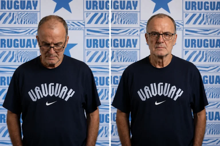 La foto de Bielsa que se volvió viral: análisis fotográfico de la imagen oficial del Mundial 2026 1 Comparativa visual entre la fotografía oficial de Marcelo Bielsa utilizada por la FIFA para el Mundial 2026, donde aparece mirando hacia abajo, y una versión alternativa mirando a la cámara. La imagen permite analizar cómo cambia la percepción del retrato y el impacto visual de cada pose.
