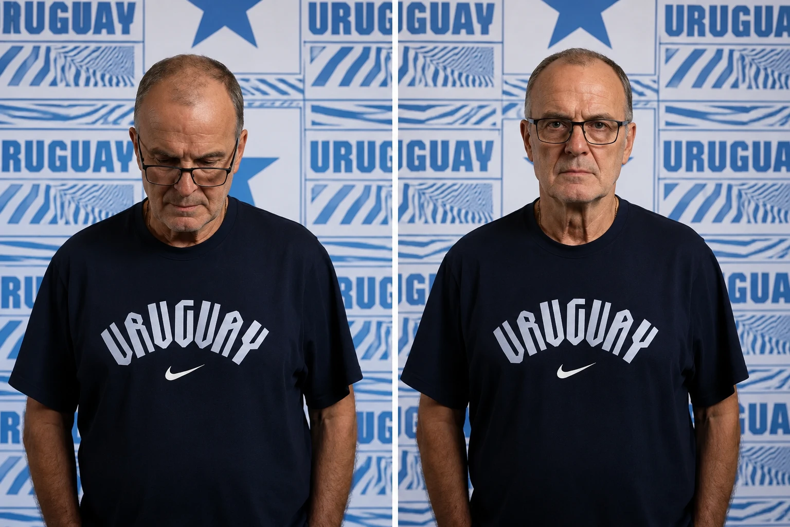 La foto de Bielsa que se volvió viral: análisis fotográfico de la imagen oficial del Mundial 2026 1 Comparativa visual entre la fotografía oficial de Marcelo Bielsa utilizada por la FIFA para el Mundial 2026, donde aparece mirando hacia abajo, y una versión alternativa mirando a la cámara. La imagen permite analizar cómo cambia la percepción del retrato y el impacto visual de cada pose.
