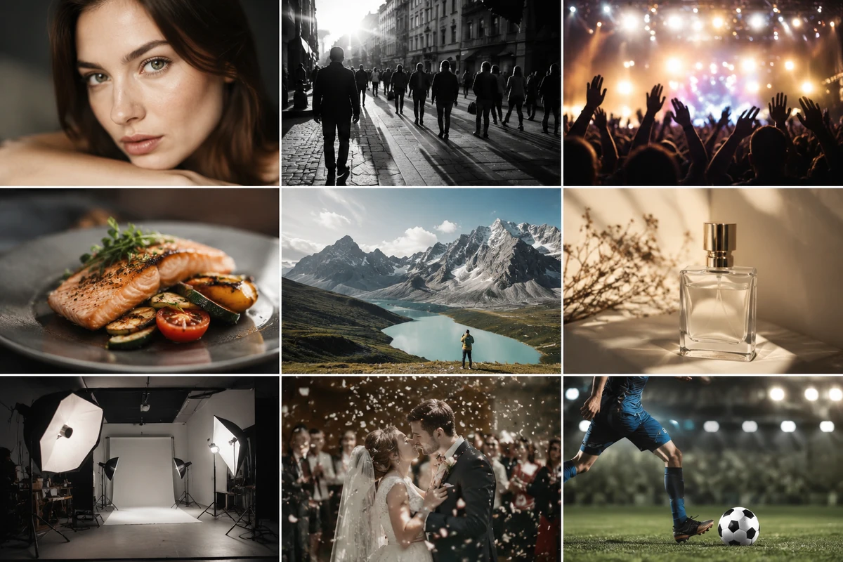 Fotógrafo especializado: ¿es la mejor estrategia para crecer profesionalmente? 1 Collage con distintos estilos de fotografía profesional, incluyendo retratos, eventos, producto, paisaje, estudio y deporte, representando la especialización fotográfica