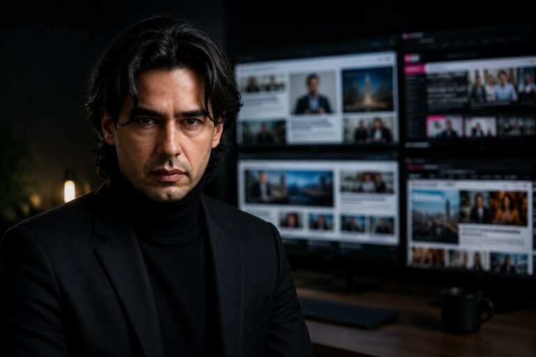 La importancia de la presencia digital en la era de la inteligencia artificial 1 Pablo Pena, director editorial y publisher digital, en su espacio de trabajo rodeado de medios digitales y plataformas de contenido online.