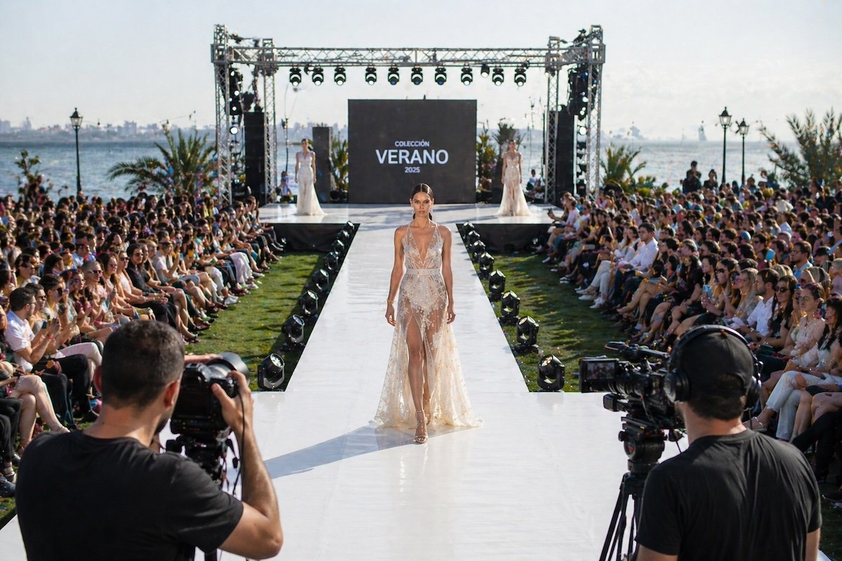 Cobertura fotográfica de desfiles de moda: precios y paquetes en Montevideo 1 Fotógrafo y camarógrafo cubriendo un desfile de moda al aire libre en Montevideo